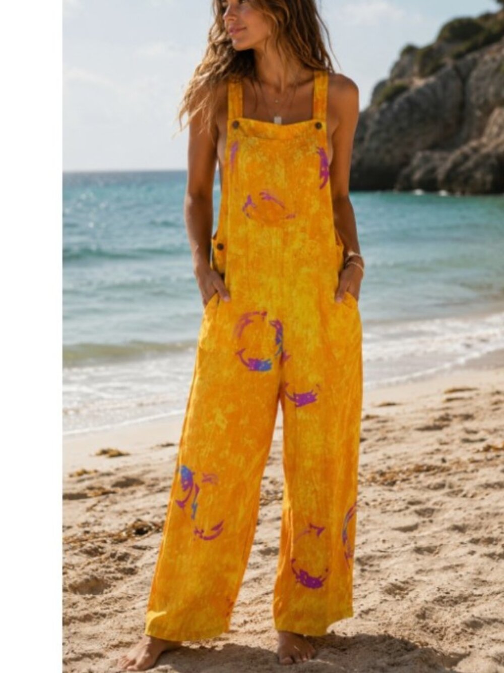 VTG Ti Fanny Womens Overall Jumpsuit Yellow Tie Dye Dolphin Art Beach Hippie OS